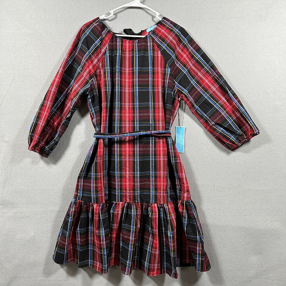 Draper James RSVP Red Black Plaid 3/4 Sleeve Bow Back Holiday Dress Ruffle Sz M